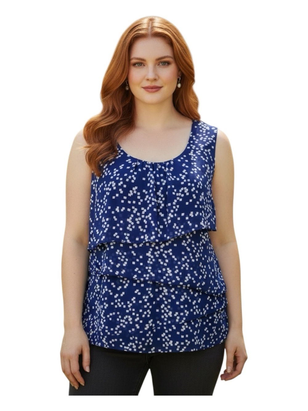 Jaclyn Smith Plus Size 2X Navy and White Patterned Ruffle Tank Top